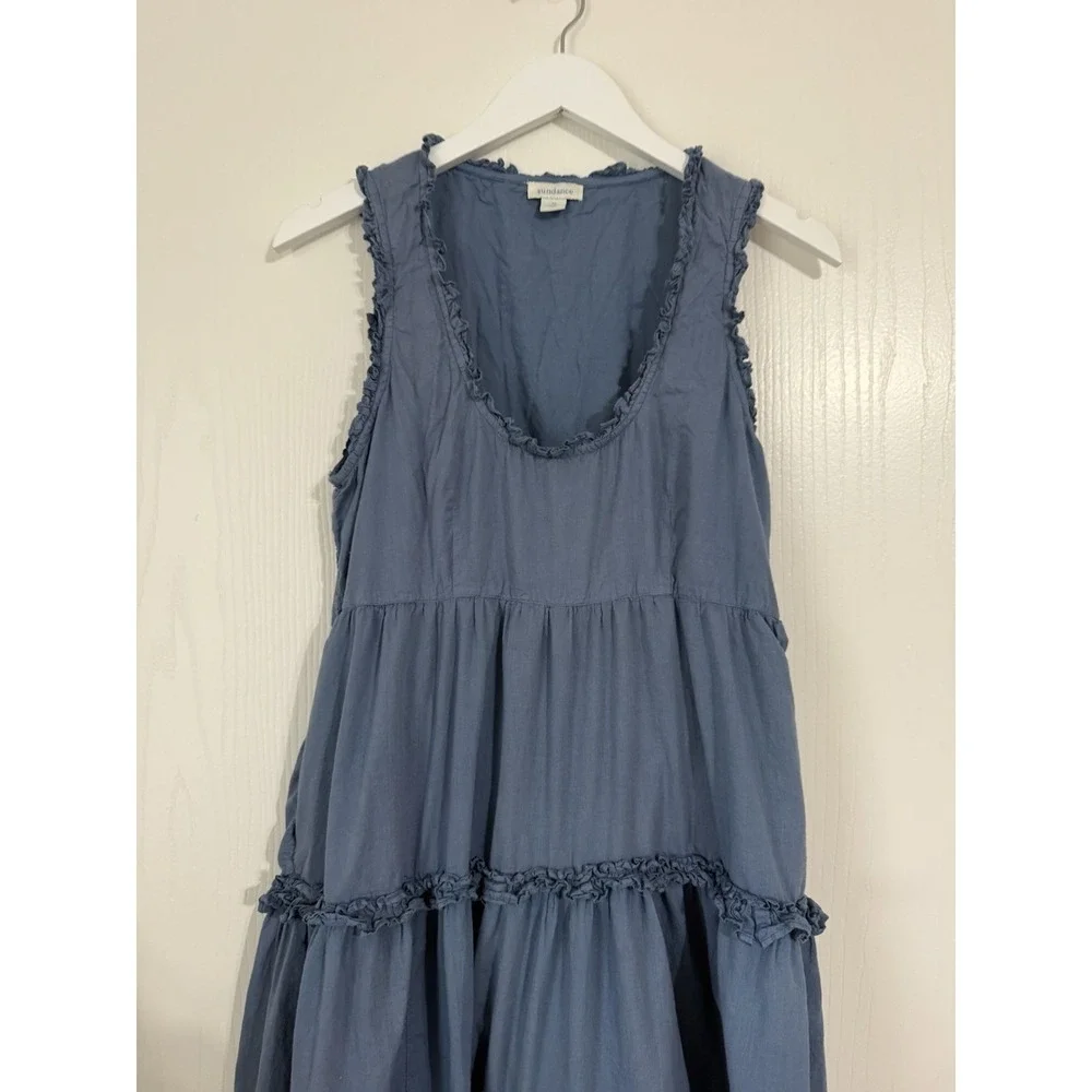 Sundance Blue Ruffle Tiered Dress Size Medium 100% Cotton Boho Cottagecore Midi - Picture 2 of 4